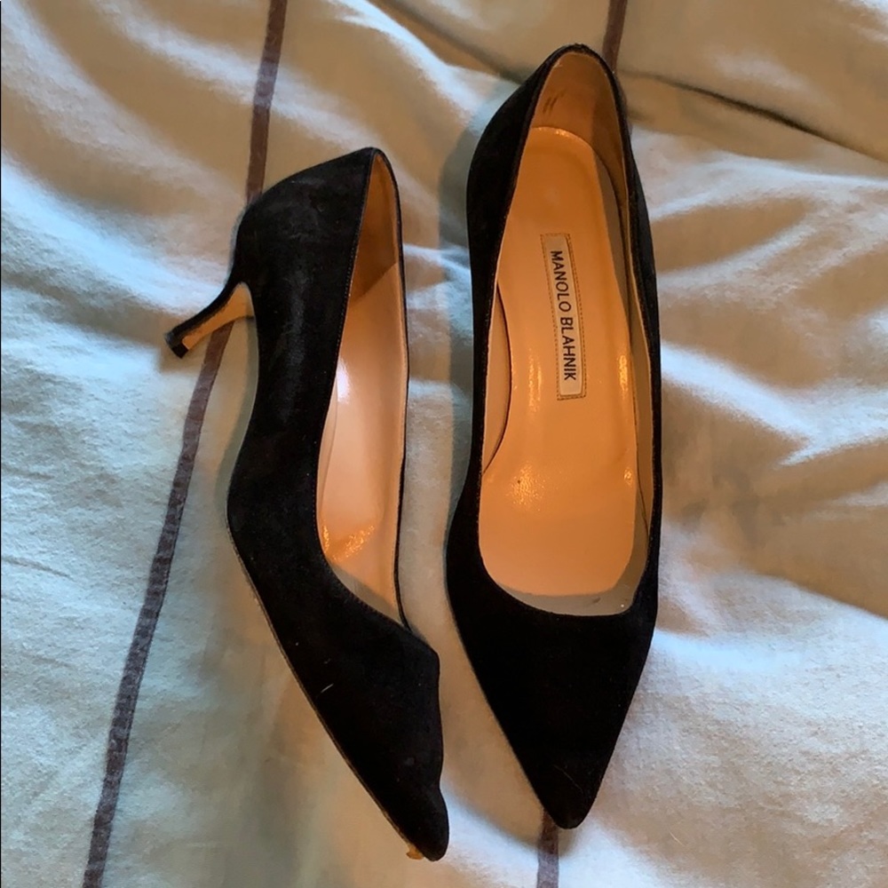 Well loved Manolo Blahnik black suede kitten heels